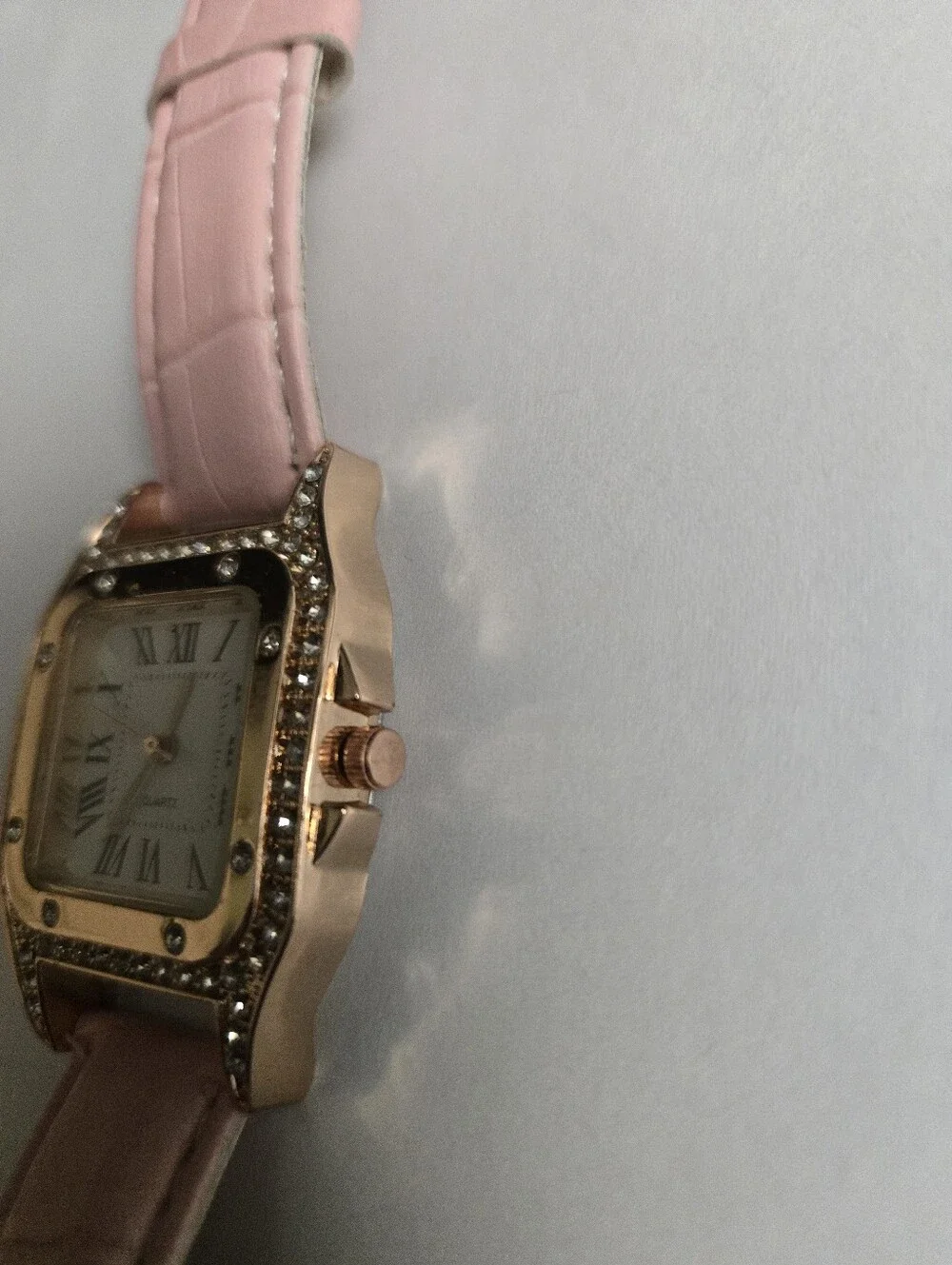 Women's Pink Leather Strap Watch with Crystal-Set Rose Gold Case